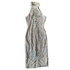 Flawed* Dress the Population Kiana Sequin Pearl Light Pink Midi Dress, Small